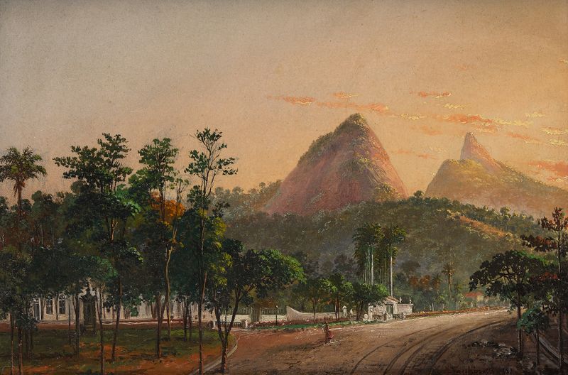 Paisagem do Rio de Janeiro com colinas e céu, óleo sobre tela de Nicolau Antonio Facchinetti