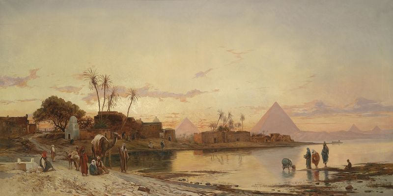Pintura a óleo de paisagem por Hermann David Salomon Corrodi mostrando água e reflexos
