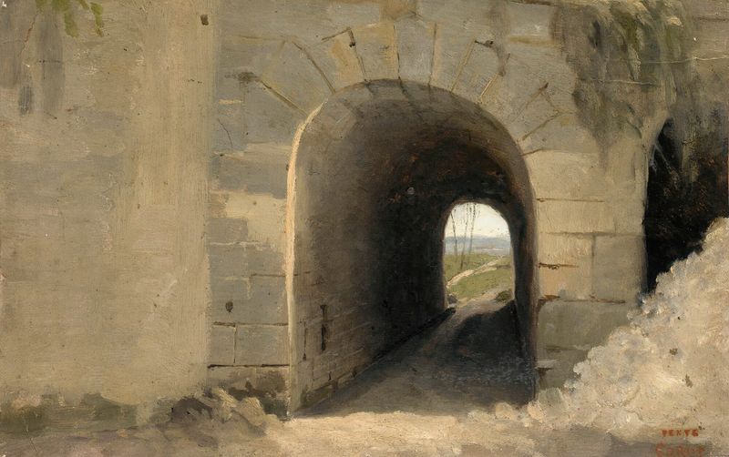 Auteuil-Un Passage Vouté de Jean-Baptiste-Camille Corot, pintura a óleo que mostra luz filtrada em uma paisagem.