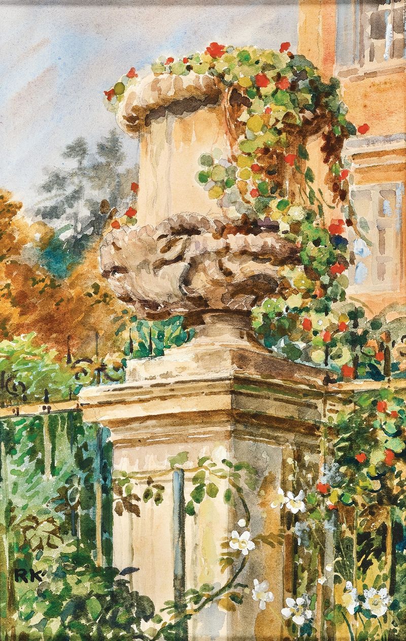 Pintura a óleo de paisagem por Rudolf Konopa com uma cerca de jardim e um vaso de pedra cheio de flores