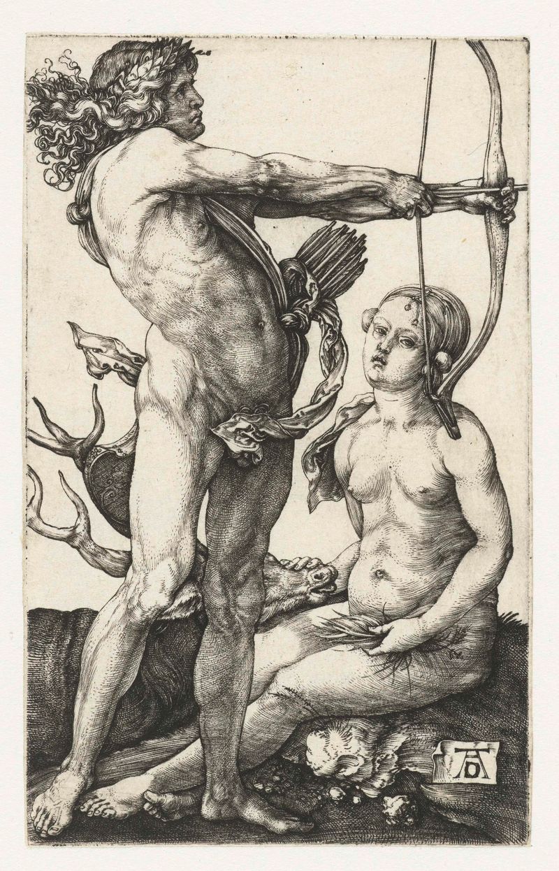 Grabado Apollo en Diana de Albrecht Dürer que representa dioses en una escena armoniosa.