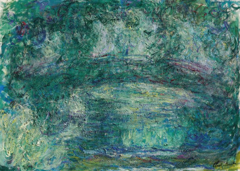 Le pont japonais de Claude Monet, pintura al óleo de un puente en un exuberante paisaje de jardín.