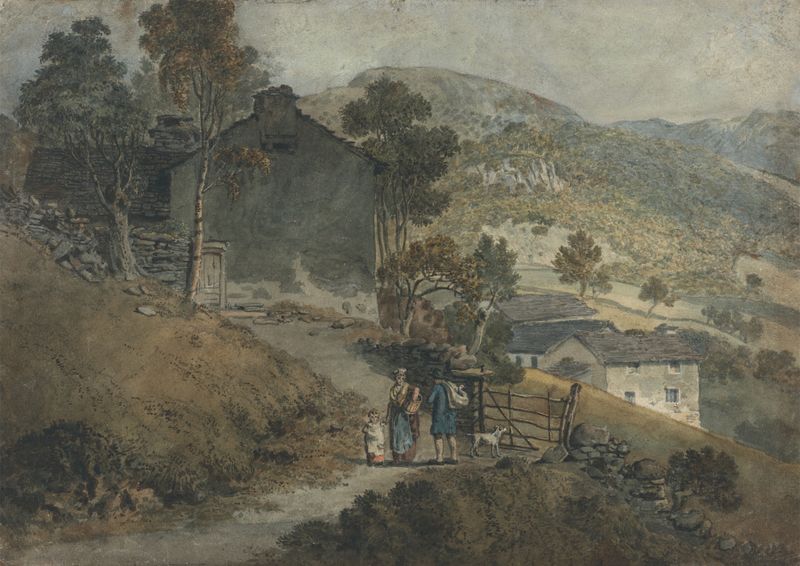 Landscape with Cottages and Figures de James Ward, pintura a óleo que retrata cottages e campos.