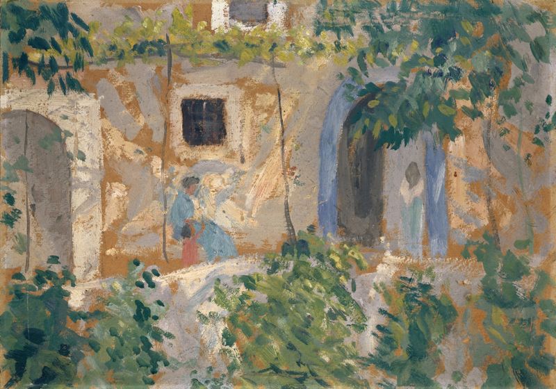 Mujer con niño frente a una casa, pintura al óleo de Ernst Schiess