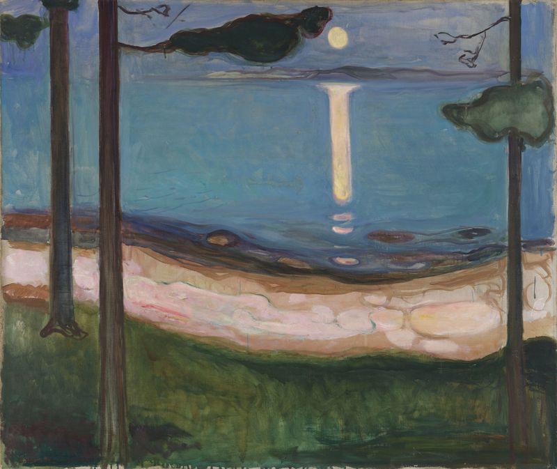 Moonlight by Edvard Munch, oil on canvas depicting a night landscape with emotional shadows.