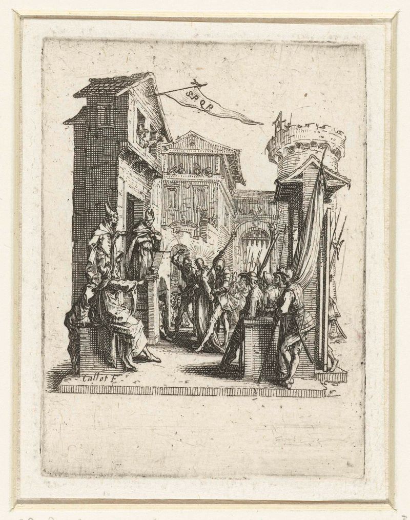 Cristo está restrito com uma expressão sombria na gravura de Jacques Callot