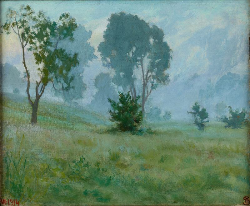 Amanecer de Ambroży Sabatowski, óleo sobre lienzo que representa un paisaje sereno al amanecer.