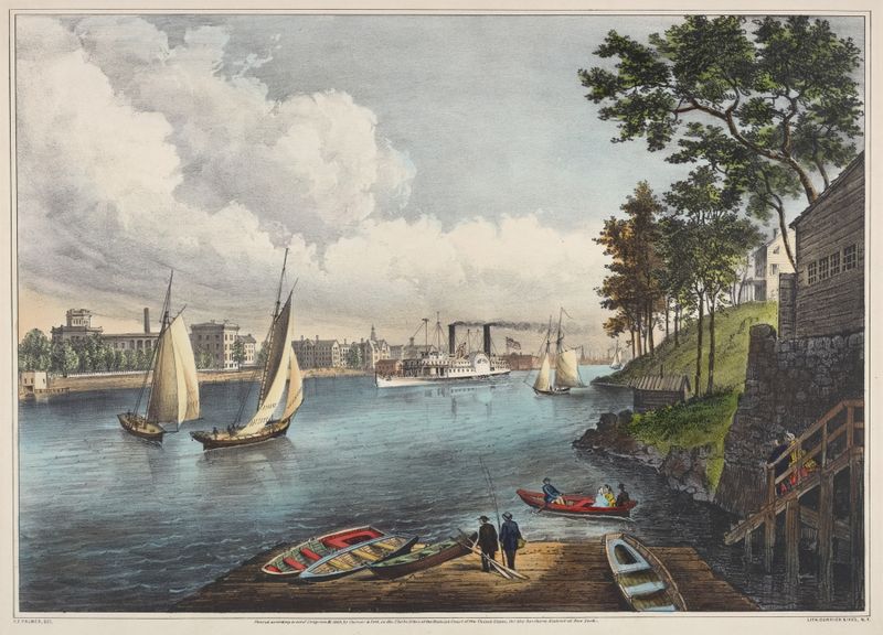 Blackwells Island, East River by Fanny Palmer, 1862, depicting a serene landscape with shimmering water.