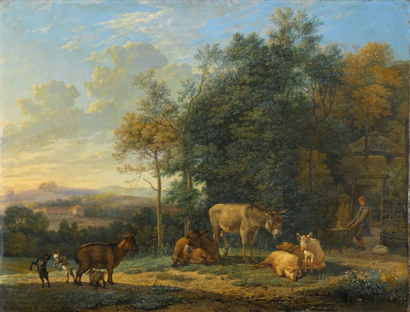 Paisagem com Dois Jumentos, Cabras e Porcos de Karel Dujardin, pintura a óleo