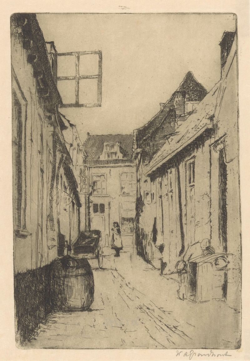 Landscape of a quiet street with trees, oil on canvas by Willem Adrianus Grondhout