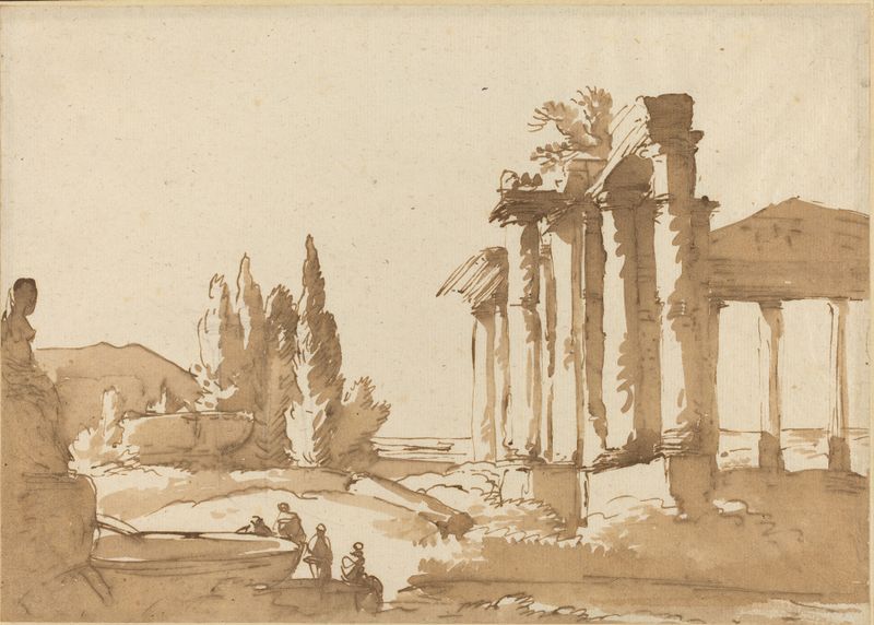 Landscape with Ruins, Romanticism, Unknown Artist, representando estructuras en ruinas entre vegetación exuberante