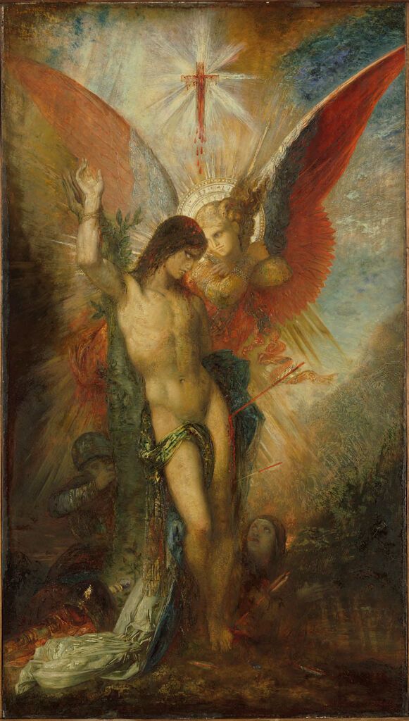 Saint Sebastian and the Angel, oil on panel by Gustave Moreau, featuring a halo and angelic figures.