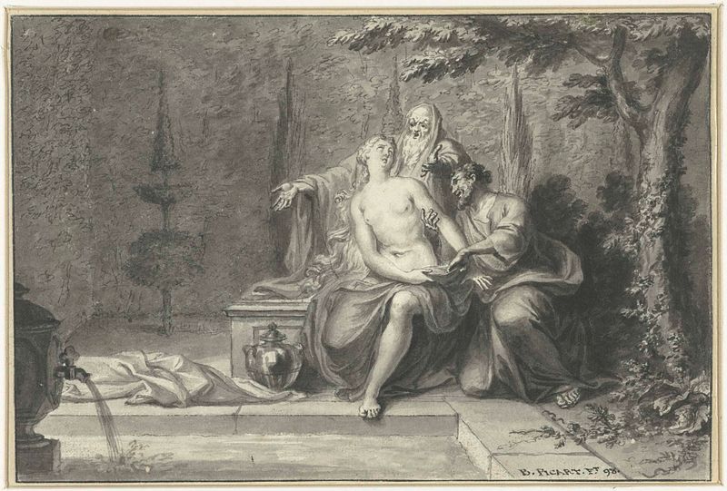 Suzanna en de ouderlingen, óleo sobre tela de Ottmar Elliger, retratando uma mulher em luz e sombra.