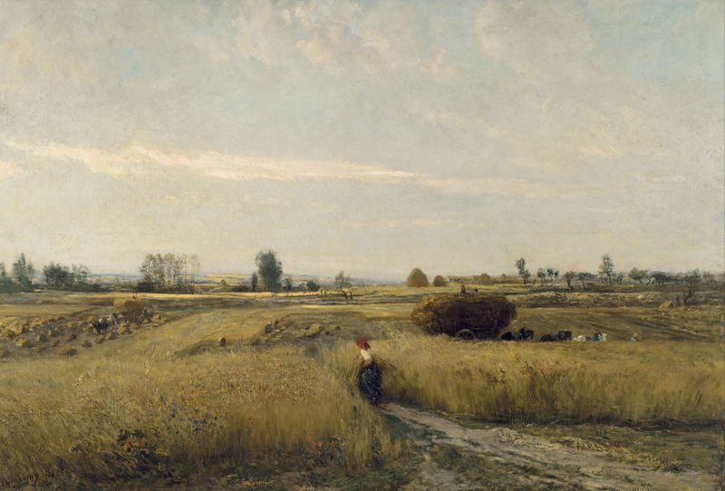 Harvest de Charles François Daubigny, pintura al óleo que representa colinas onduladas y un cielo vibrante.