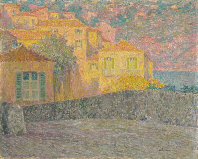 Paisagem de casas iluminadas pelo sol em Villefranche-sur-Mer por Henri Le Sidaner, pintura a óleo