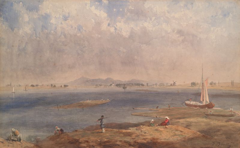 Seascape in Brittany de Eugène Boudin, óleo sobre tela que retrata ondas e névoa.