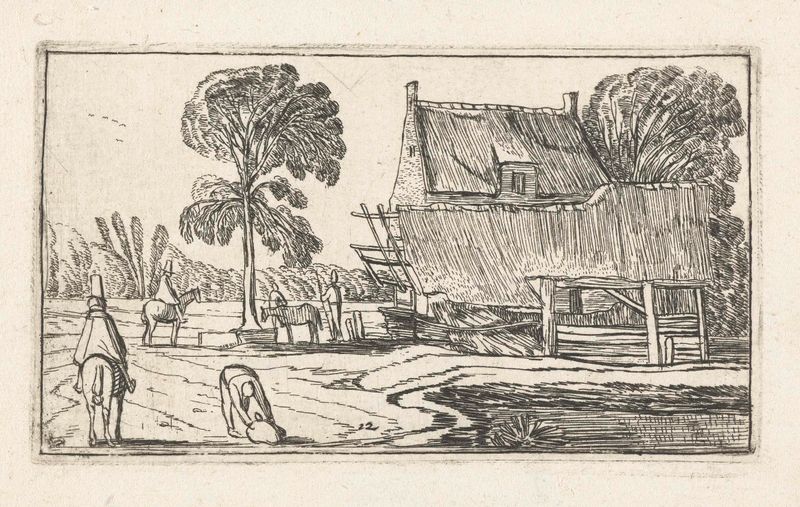Ruiter op pad langs een boerderij, grabado de Unknown Artist que muestra un jinete en un paisaje de otoño.