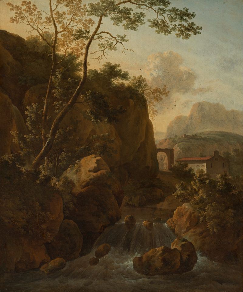Landscape with mountains and a river by Jan van Huysum, oil painting