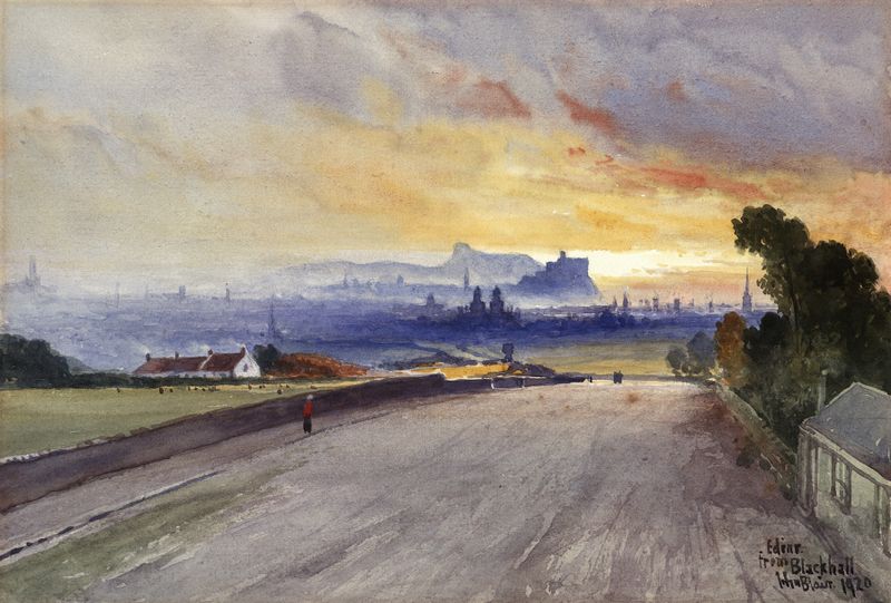 Edimburgo de Blackhall de John Blair, pintura a óleo que retrata uma paisagem urbana ao crepúsculo