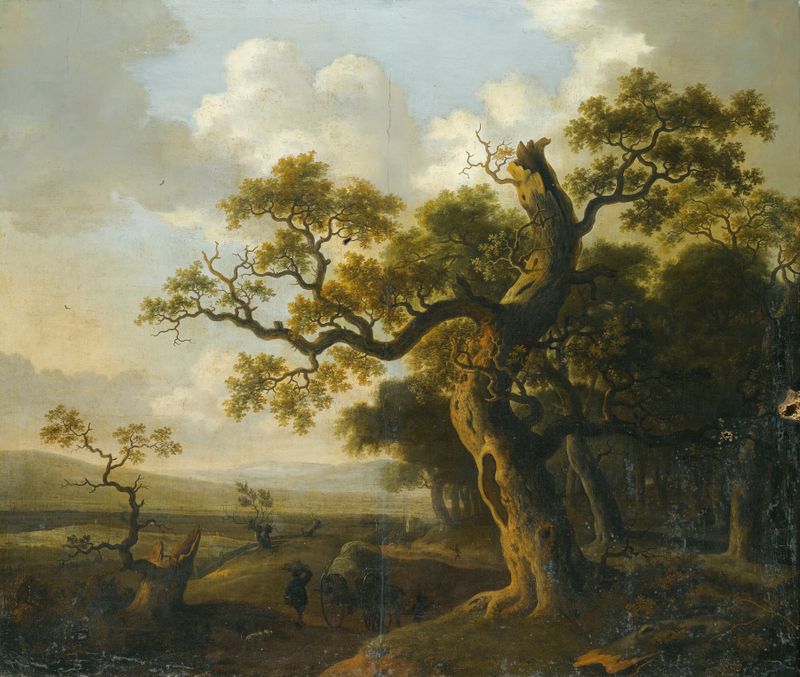 Paisaje con un carro cerca de un roble, pintura al óleo de Barend Appelman
