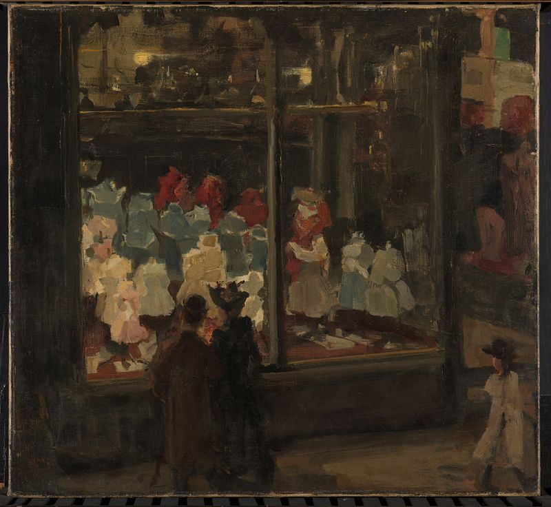 Oil painting by Isaac Israels depicting a couple at a shop window in Amsterdam