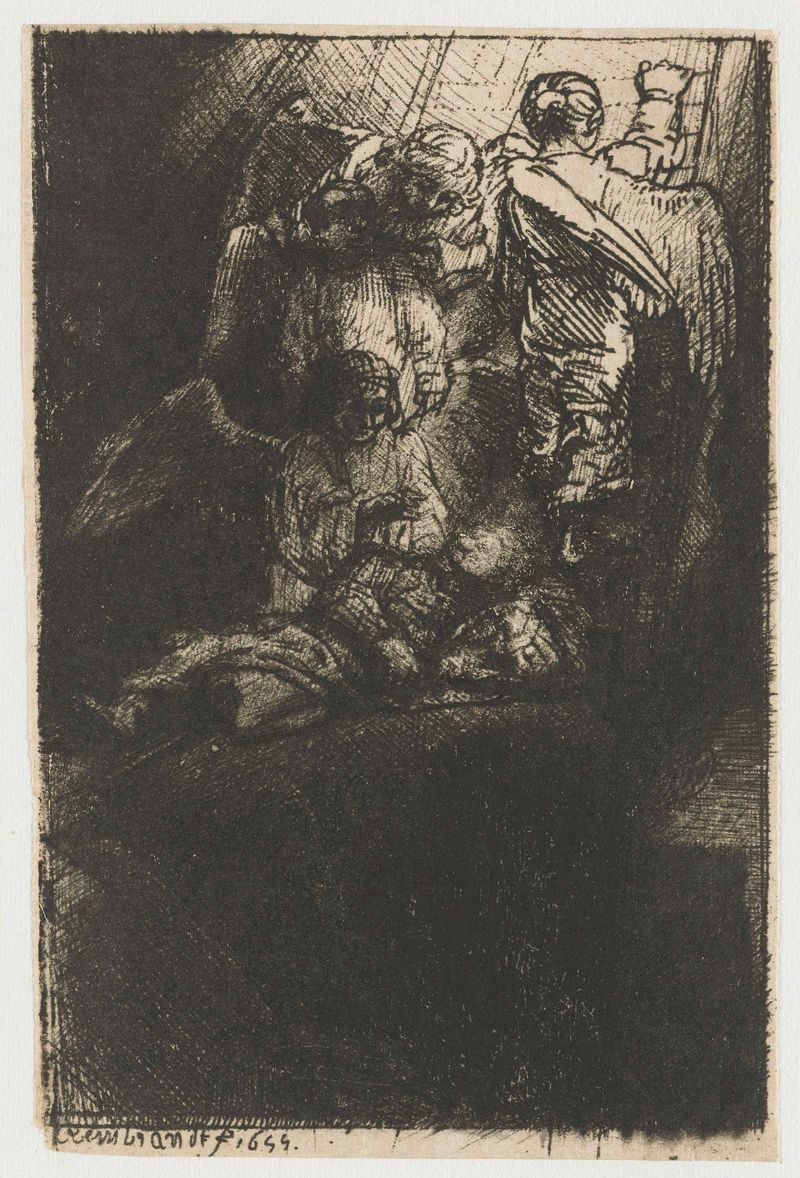Gravura de Rembrandt van Rijn retratando Jacó e anjos iluminados pela luz divina.