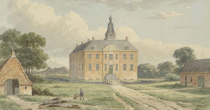 Het Huis Nettelhorst, bij Lochem de Christianus Hendricus Hein, óleo sobre lienzo que muestra una casa y árboles.