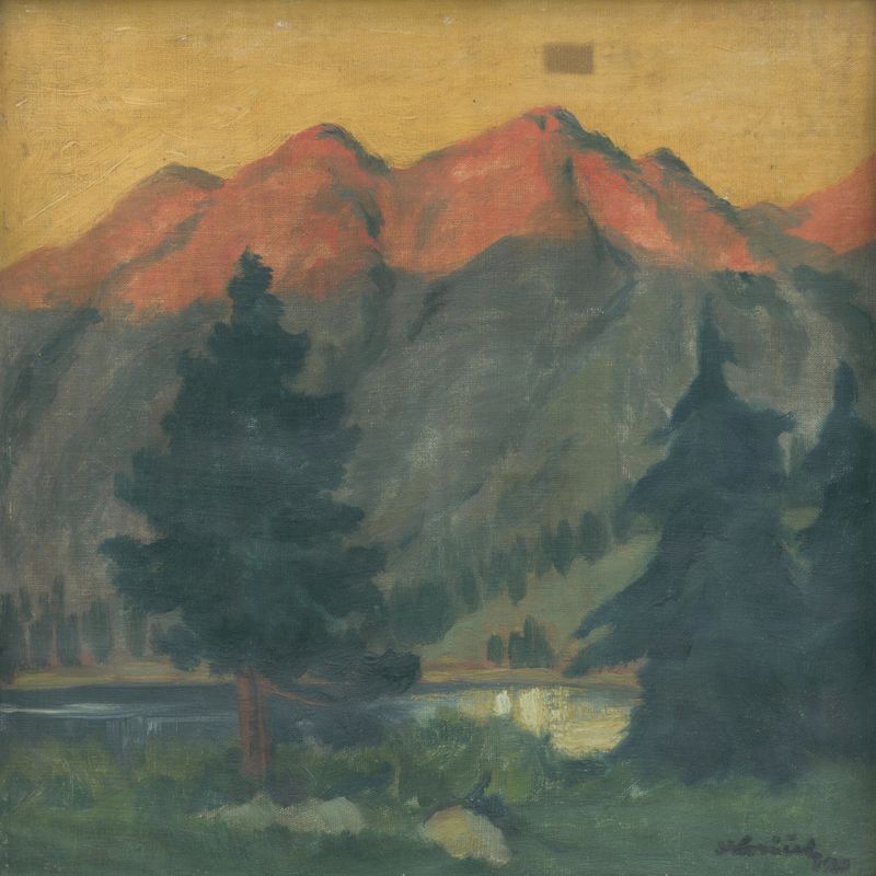 Landscape with mountains in muted blue and gray, oil on canvas by Andrej Kováčik