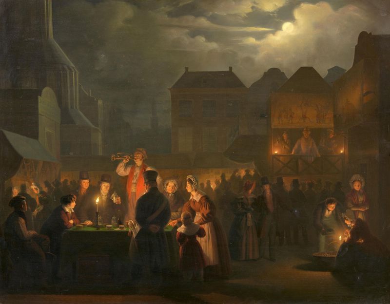 Genre scene depicting a night market by Petrus van Schendel, oil painting