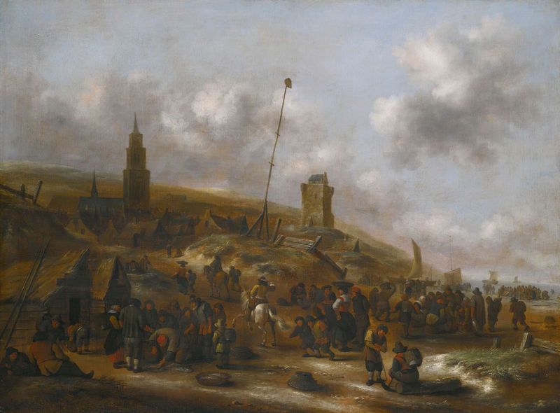 Marine scene with fishermen unloading their catch, oil painting by Nicolaes Molenaer