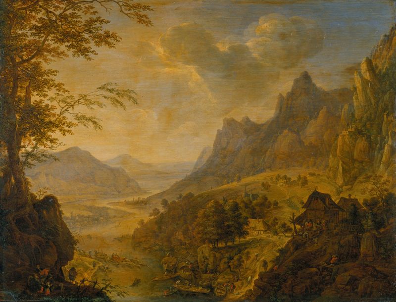 Mountainous landscape with a river and village, oil painting by Herman Saftleven III