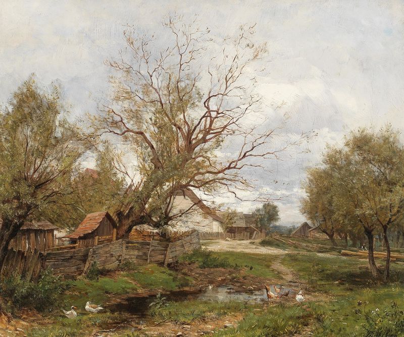 Idyll de Ernestine von Kirchsberg, pintura al óleo que representa un paisaje sereno con suaves tonalidades.