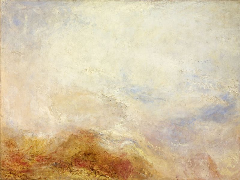 A mountain scene, Val d’Aosta de Joseph Mallord William Turner, óleo sobre tela mostrando picos acidentados ao crepúsculo.