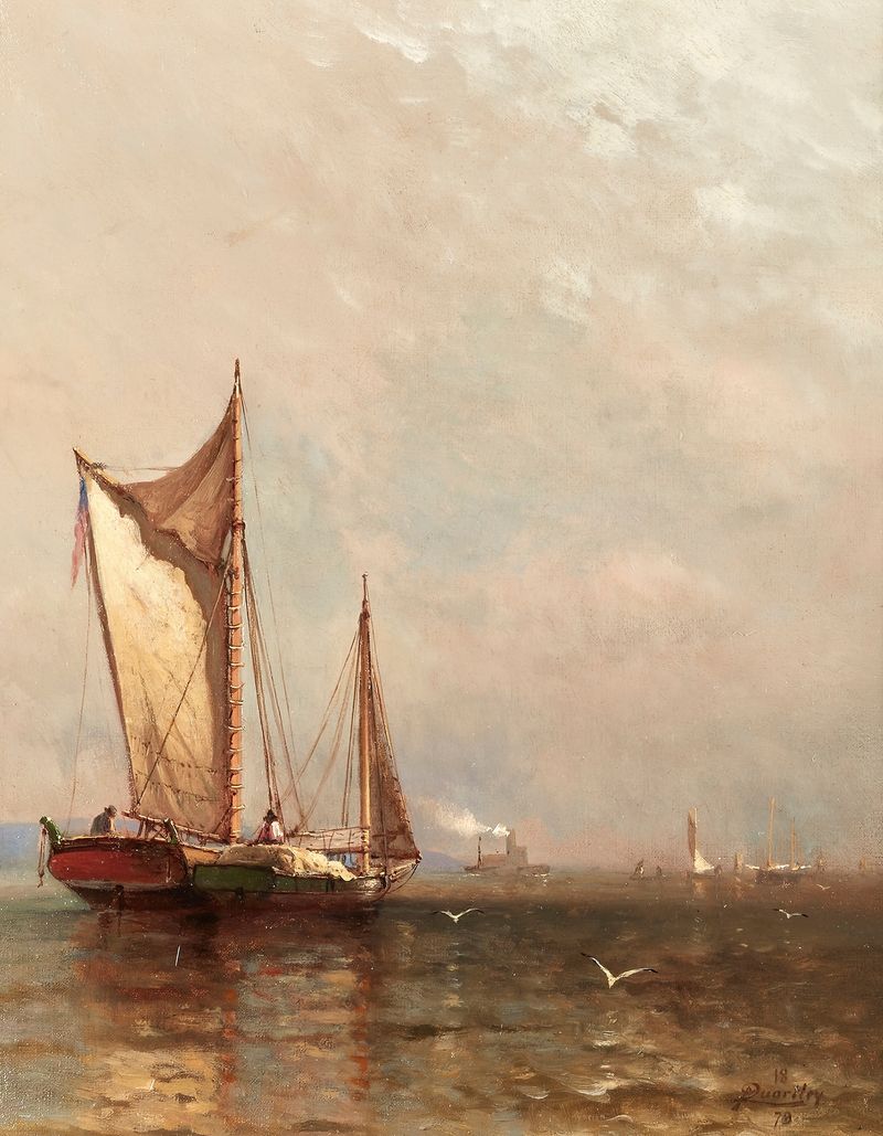 On the Hudson by Arthur Quartley, oil on canvas depicting gentle waves and sunlight on the river.