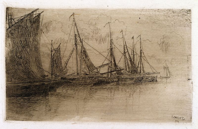 The Small Boats de James Ensor, óleo sobre tela, apresenta barcos vibrantes em água cintilante.