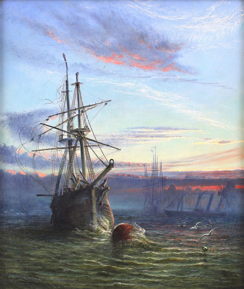 O velho mineiro abandonado ao pôr do sol de Robert Jobling, pintura a óleo que retrata a silhueta de uma mina de carvão co...