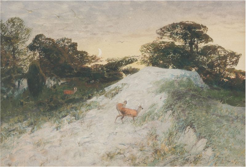 Landscape with Red Deer, oil on canvas by Christian Kröner, featuring a deer in a misty forest.