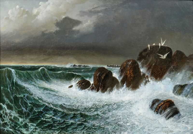 Seagulls in the storm de Octave Penguilly-L'haridon, pintura a óleo que retrata ondas turbulentas e gaivotas.