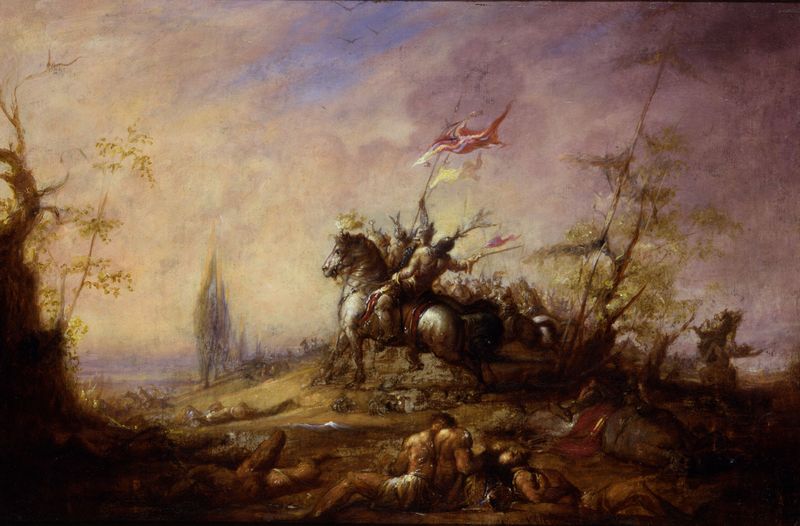 Esboço histórico em óleo sobre papelão de William Rimmer, retratando figuras dinâmicas em uma cena de batalha.
