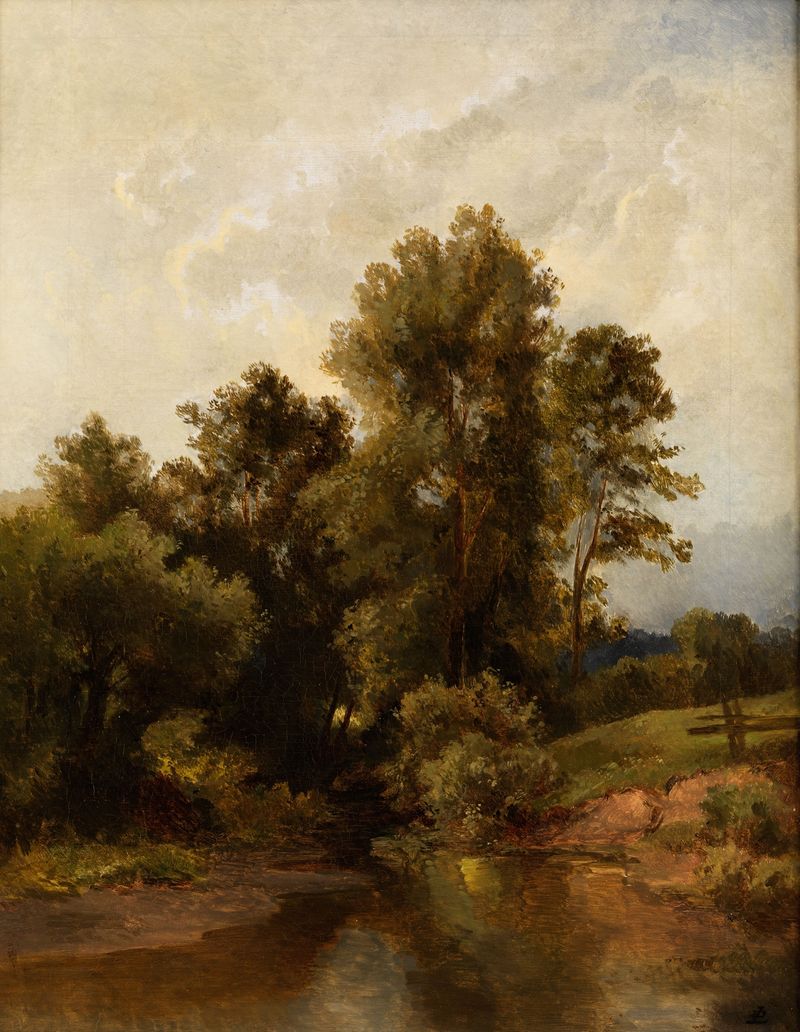 Woodland scenery by a riverbank, pintura a óleo de Dietrich Langko, retratando um rio tranquilo e uma floresta.