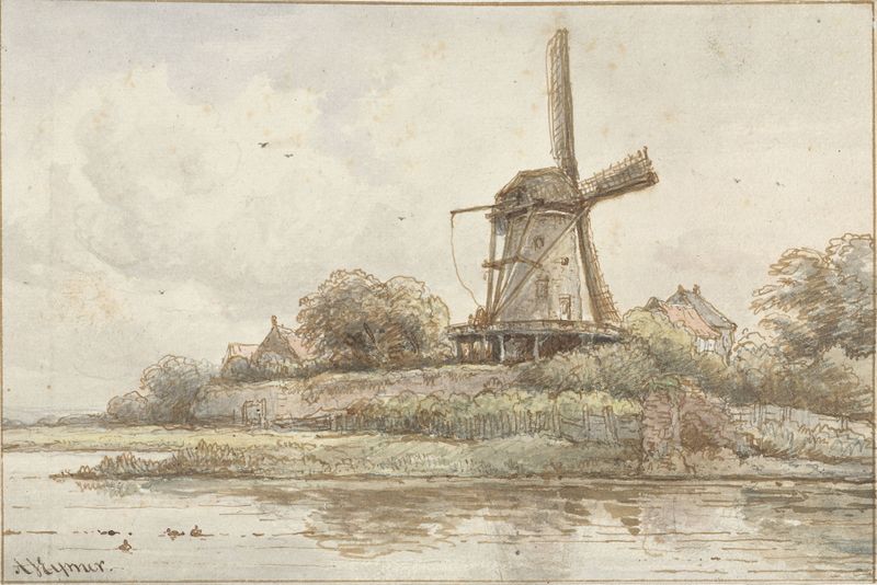 Landscape with a windmill against the sky by Arnoldus Johannes Eymer, oil painting