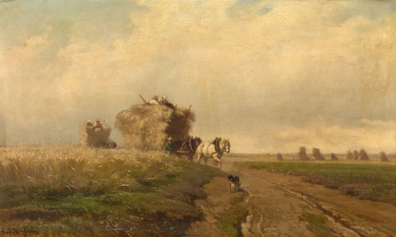 Harvest by Edmond de Schampheleer, realism, depicting golden wheat fields swaying in the breeze.