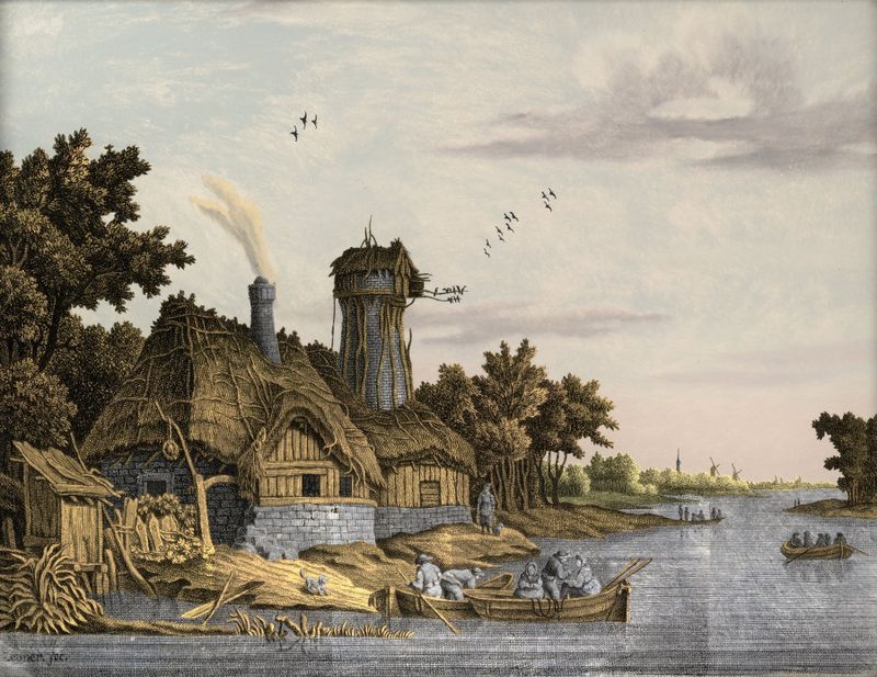 Oil painting by Jonas Zeuner depicting a river, mill, and trees