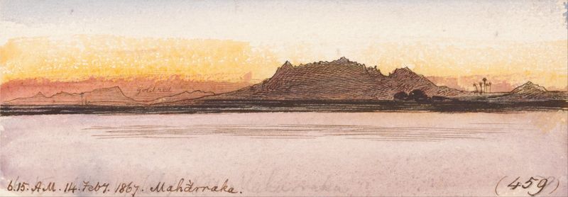 Aquarela de Edward Lear retratando uma paisagem tranquila com luz e sombra.