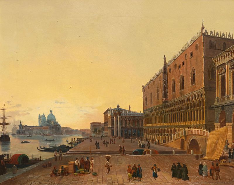 Oil painting by Friedrich Nerly depicting Venice at sunset with a glowing sky and tranquil waters.