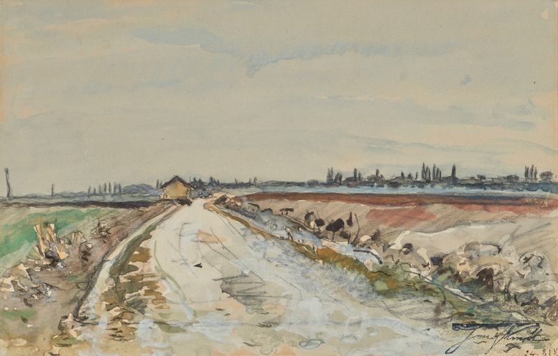 Paisagem com um caminho no campo verde, óleo sobre tela de Johan Barthold Jongkind
