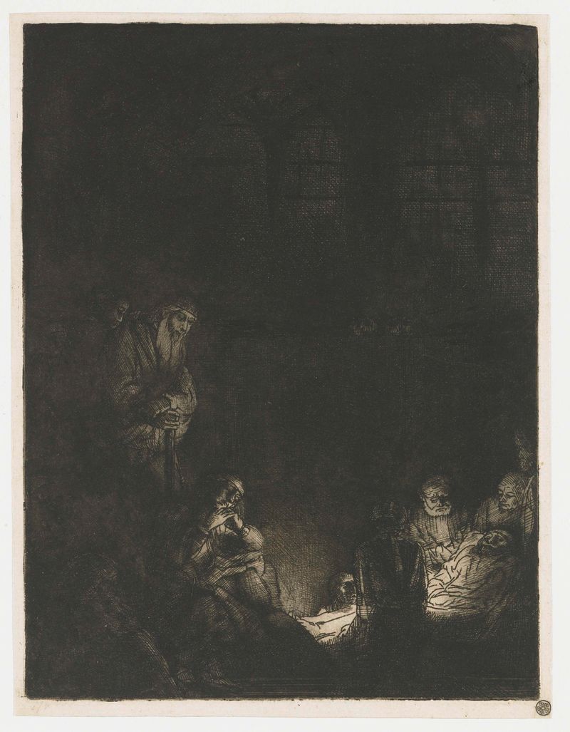 Gravura de Rembrandt van Rijn mostrando figuras ao redor do corpo de Cristo na Sepultura