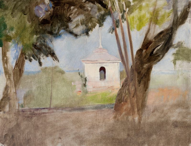 Shrine in Talashkino – northern side study de Jan Ciągliński, que representa un santuario arquitectónico rodeado de natura...