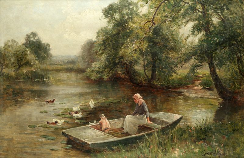 Feeding the Ducks de Ernest Walbourn, óleo sobre lienzo que representa patos junto al agua brillante