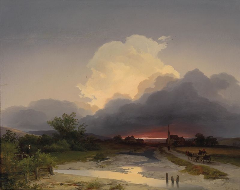 Paisagem ao entardecer com luz dourada, pintura a óleo de Ignaz Raffalt